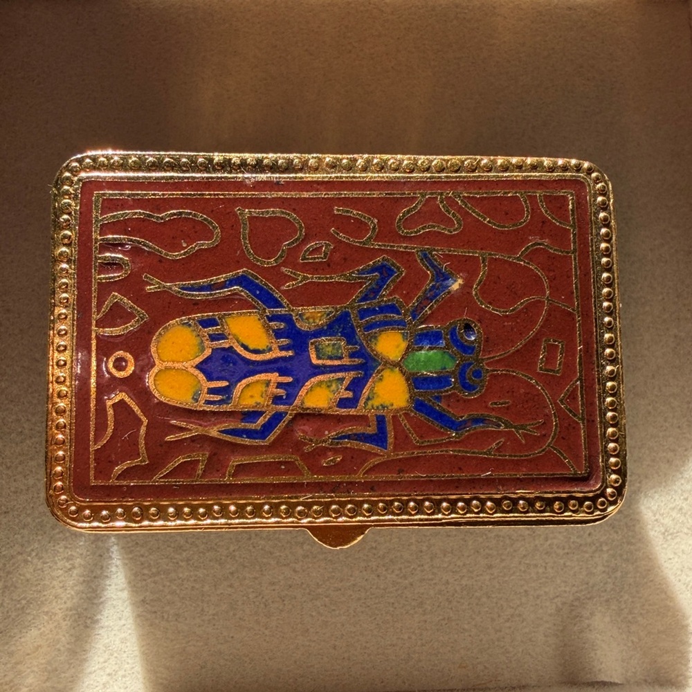 Vintage Enamel Cloisonne Brass Beetle Pill/Trinket Box, 2” x 1” x .5”, Exc Cond!